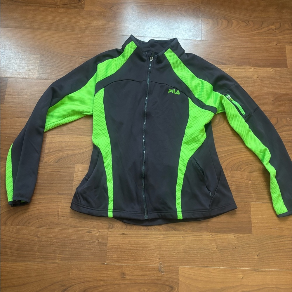 Fila Women's Black and Neon Green Track Jacket